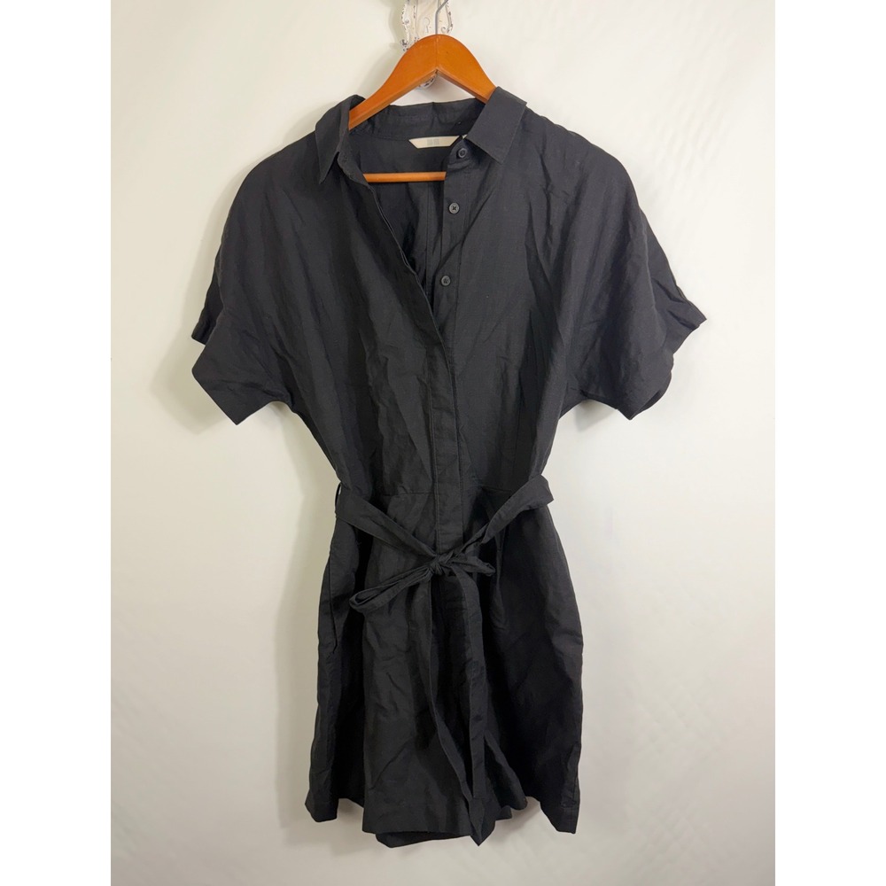 Uniqlo Romper Women Large Black Linen Blend Utility Short Sleeve Belted Casual